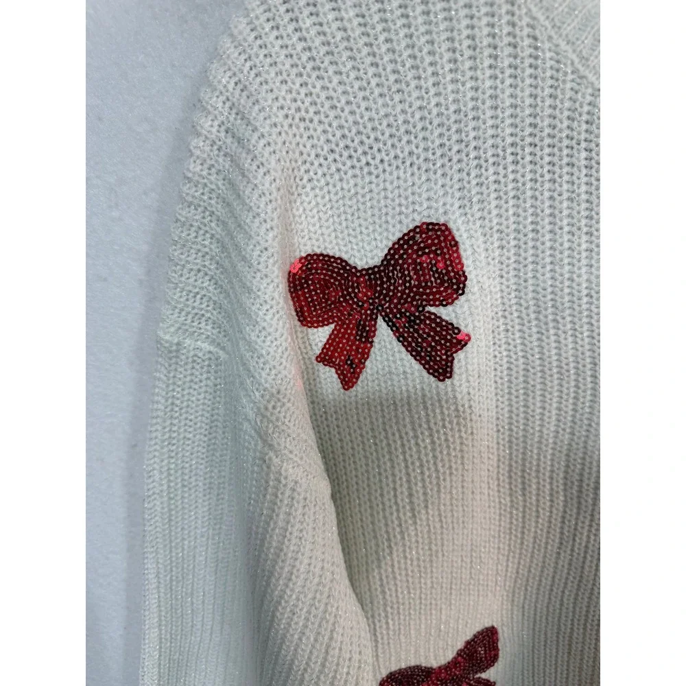 Justice Sweater Sequin Bow Crewneck Pullover Girls XL Plus White Holiday Party